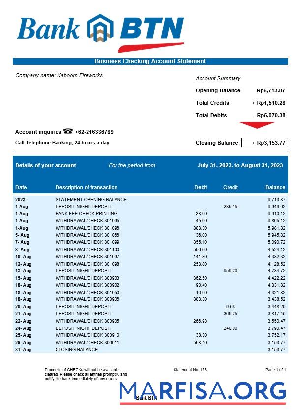 Downloadable Bank BTN company account statement Word and PDF template
